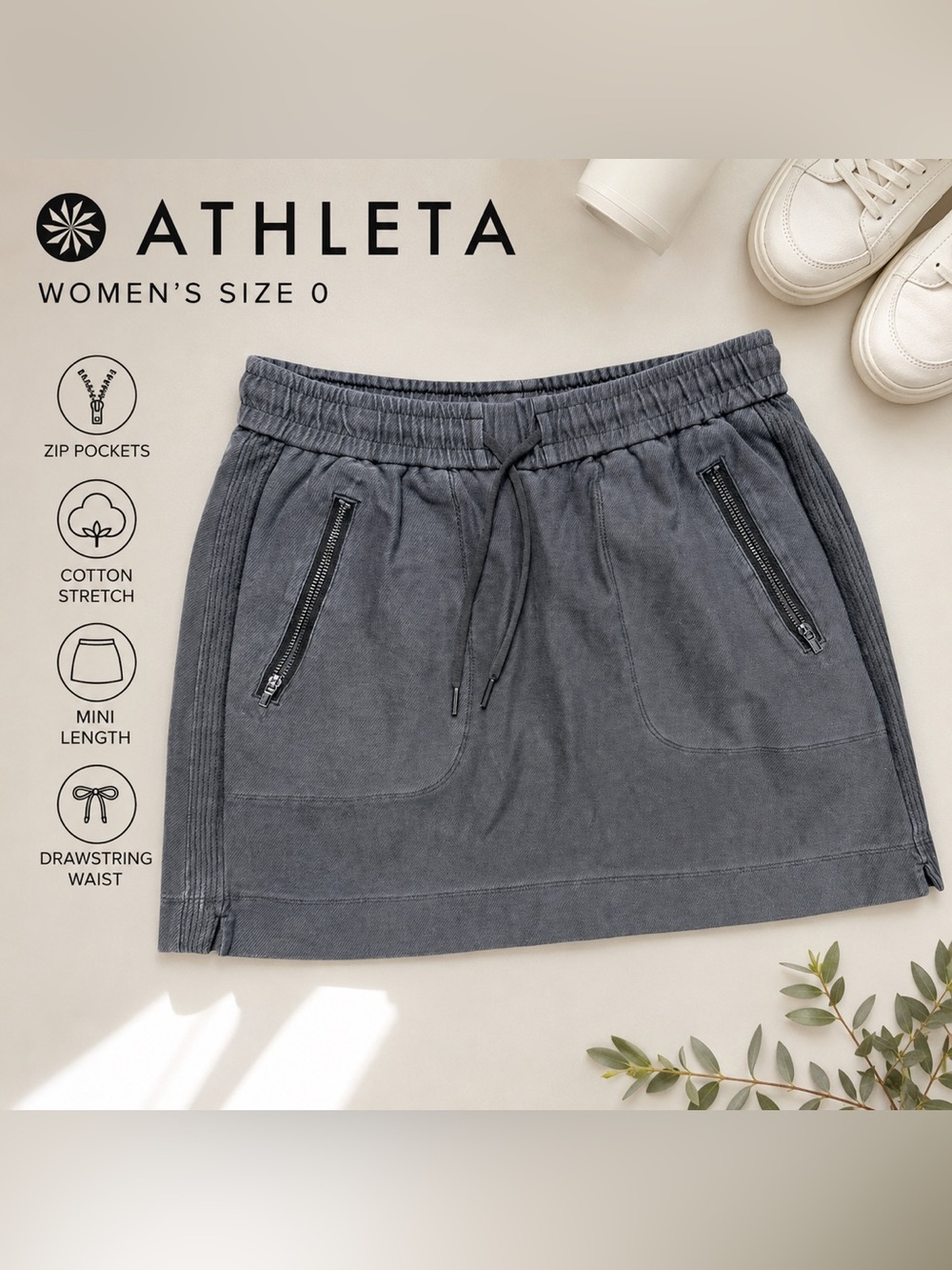 Athleta Gray Zip Pocket Drawstring Mini Skirt Cotton Size 0
